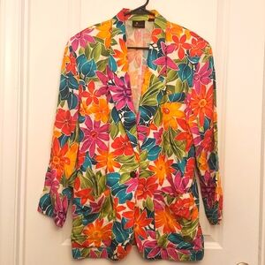 Vintage Liz Sport Floral Blazer One Button 3 Pocket Multicolored Size Small